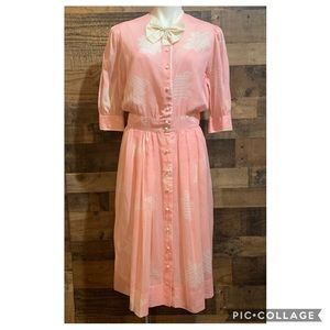 Vintage Pink White Floral Button Short Sleeve Sun Dress Bow Slip Dress Medium